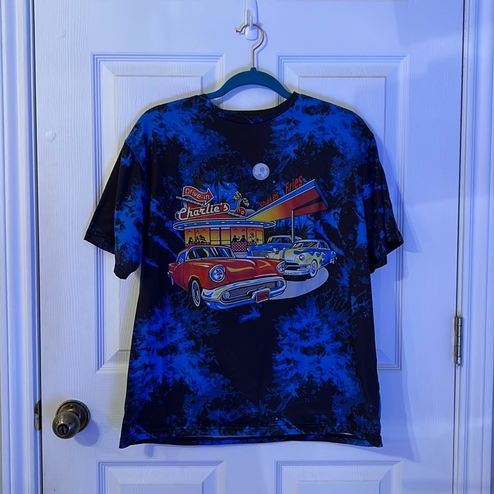Black and blue tie dye graphic tee